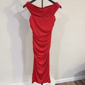 🌟2 for $10 Red Ruched Off-Shoulder Maxi Dress Bodycon Evening Chic S